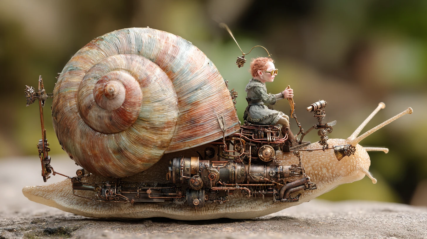 Jeune gnome chevauchant un escargot iridescent équipé de moteurs
