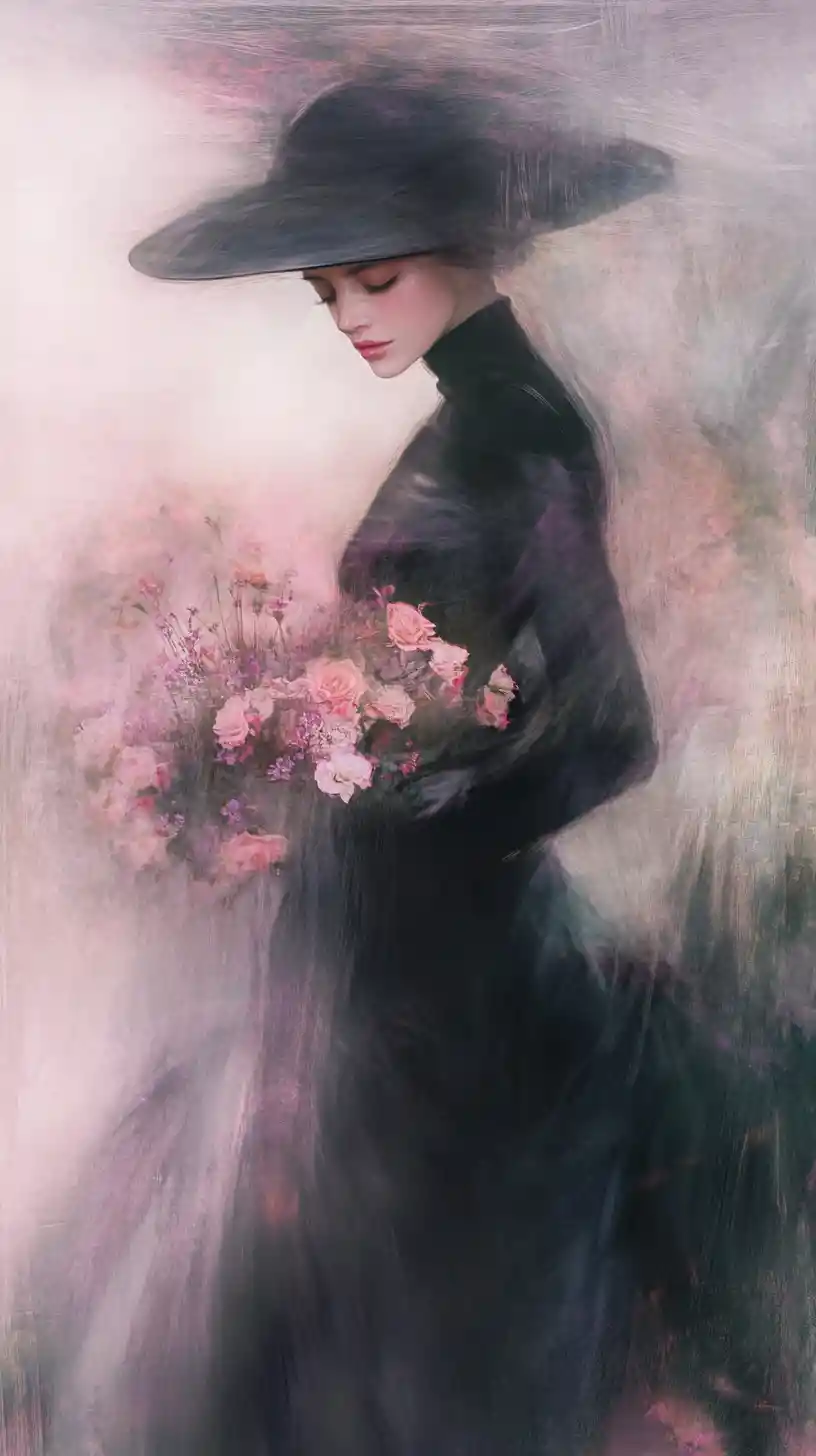 Elegant woman in black gown holding glowing wildflower bouquet