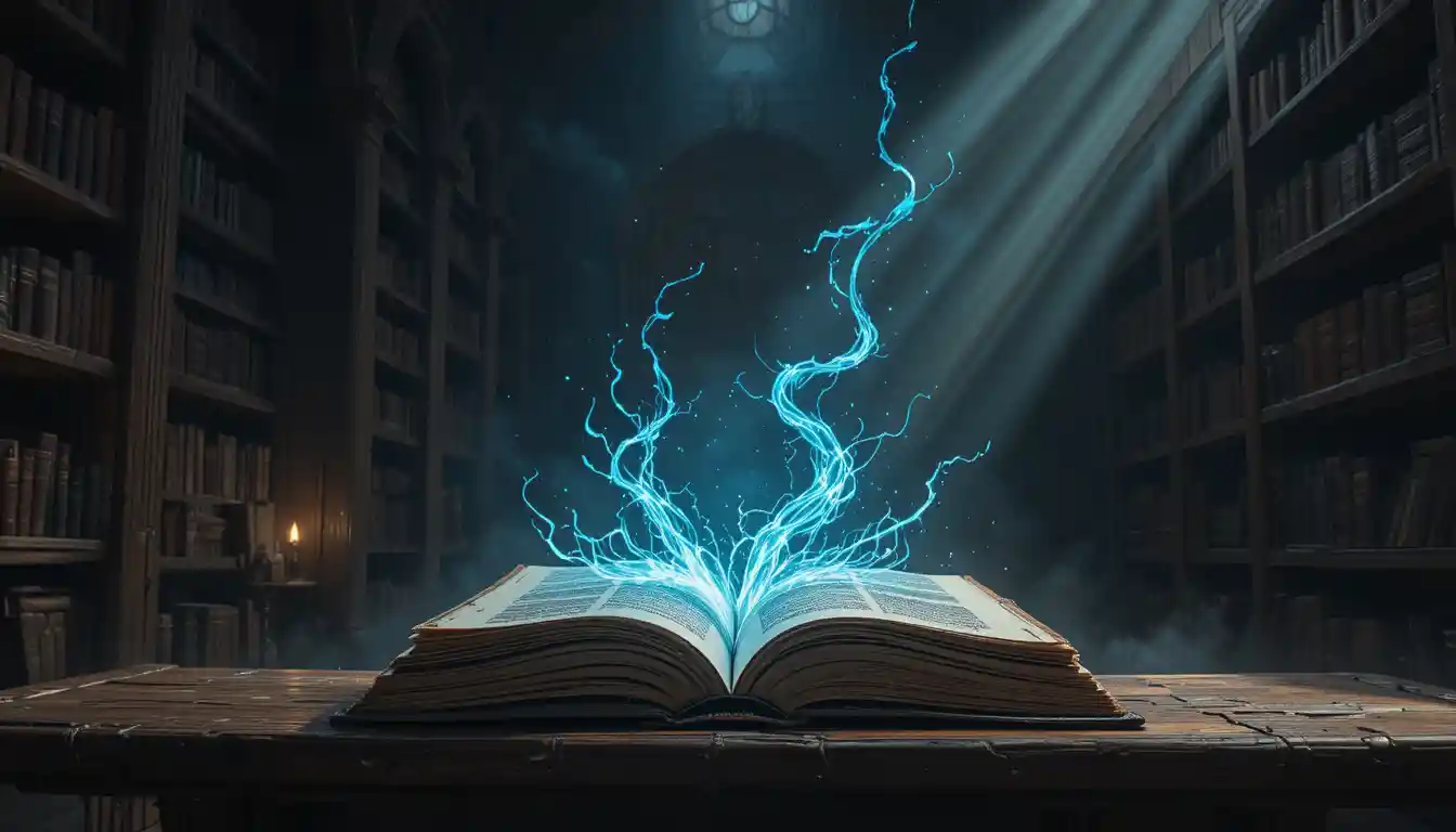Antico tomo di biblioteca che risplende di energia magica blu