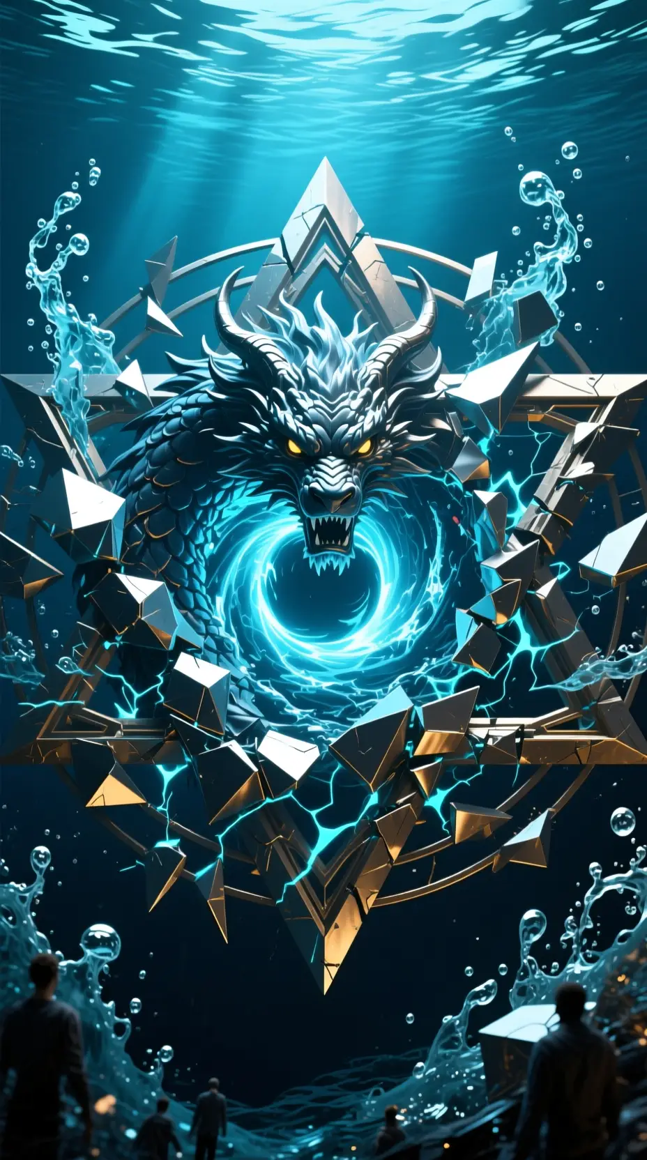 Chaotic ocean beast emblem with glowing vortex core