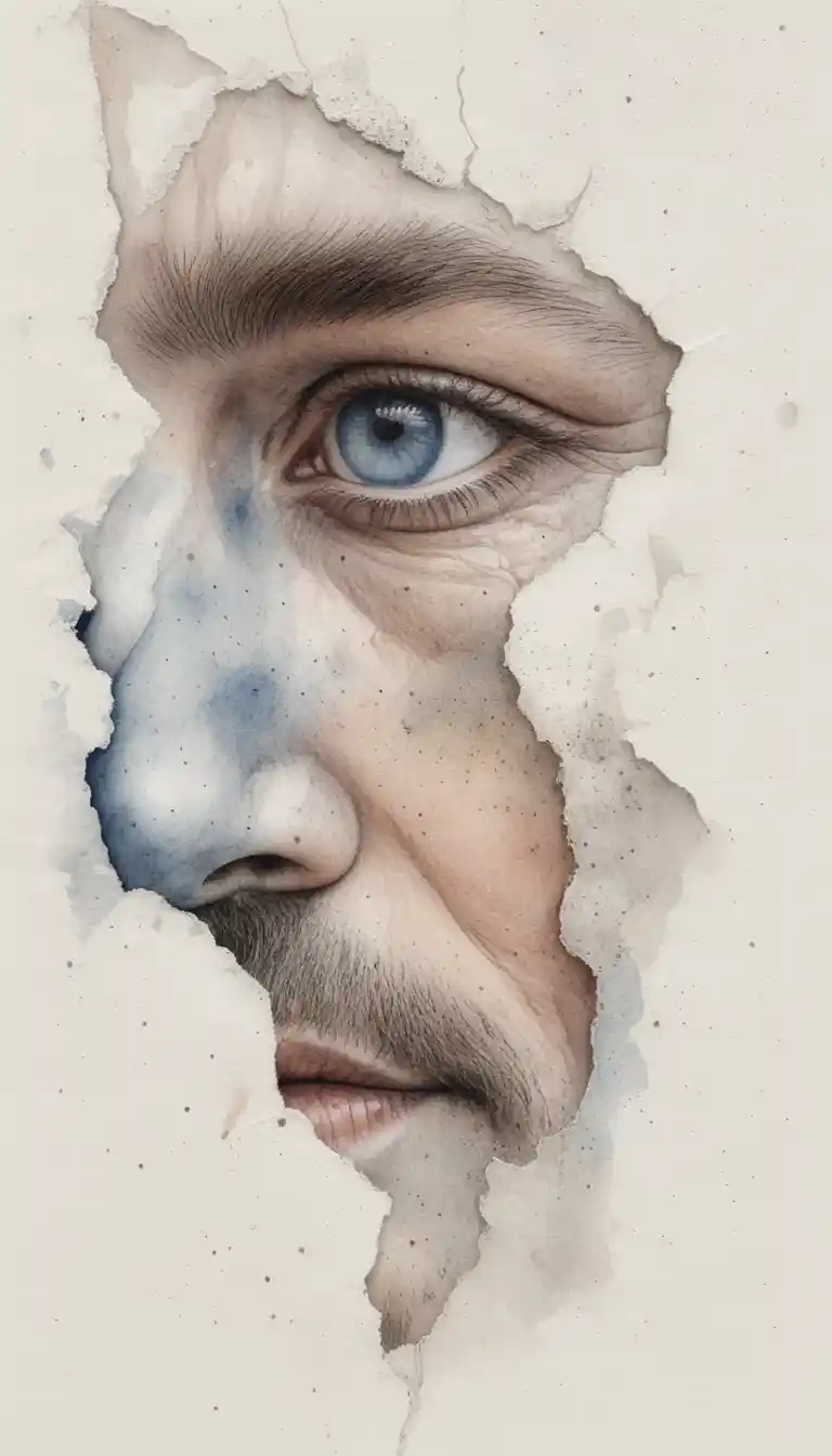 Rostro fragmentado de anciano en primer plano con técnica mixta