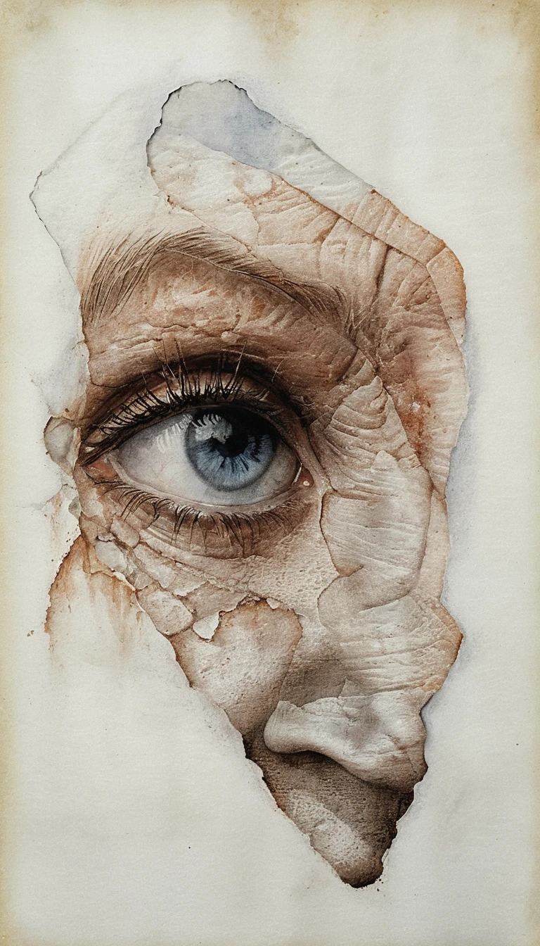 Fragmento de rosto masculino idoso em retrato surreal de mídia mista