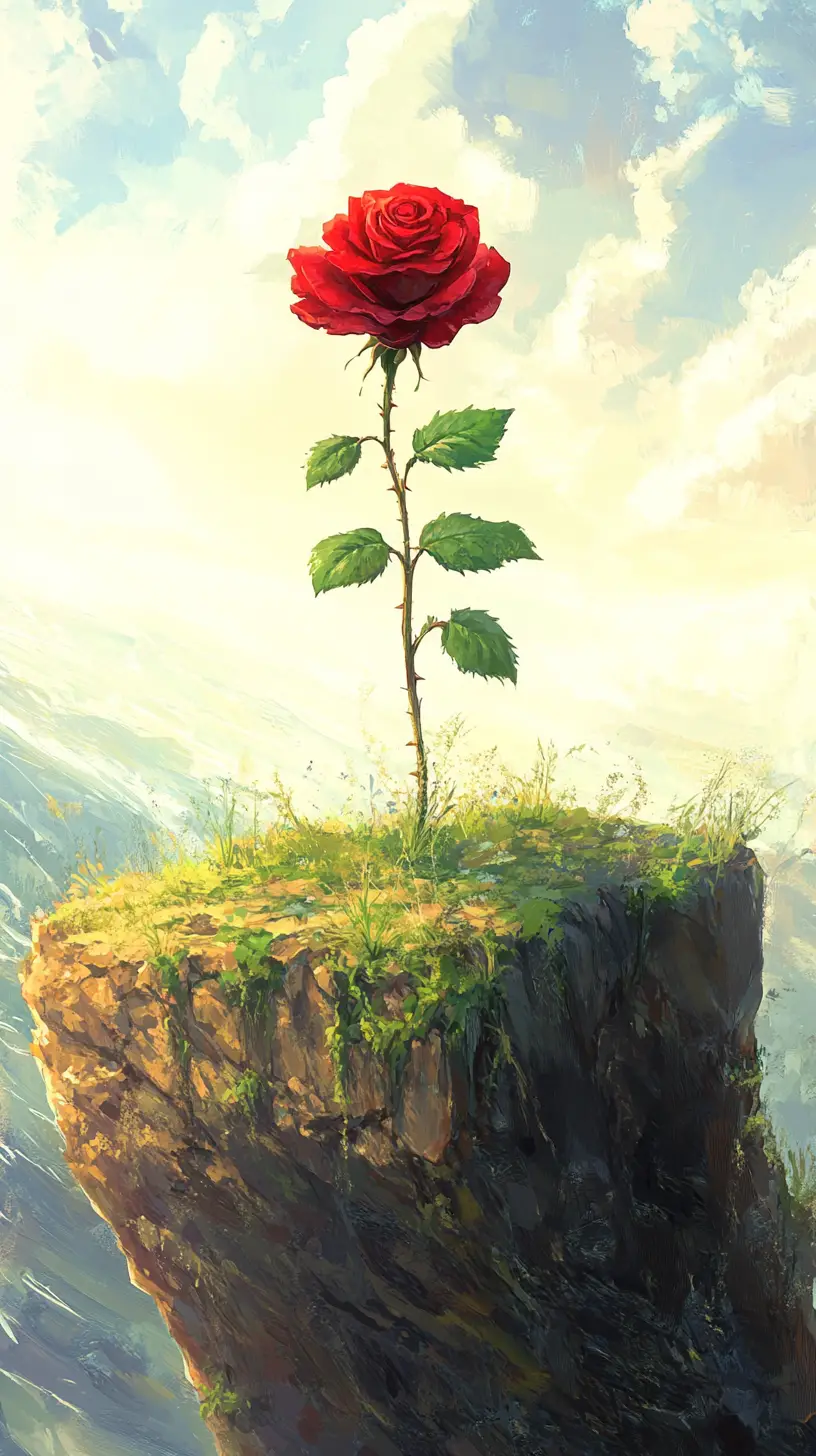 明亮海面上方草地懸崖上的紅玫瑰