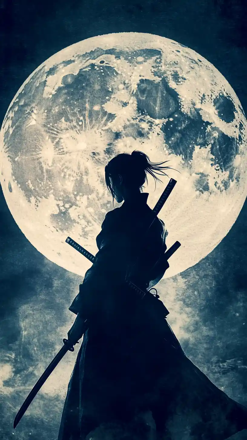 Female samurai silhouetted before a luminous full moon