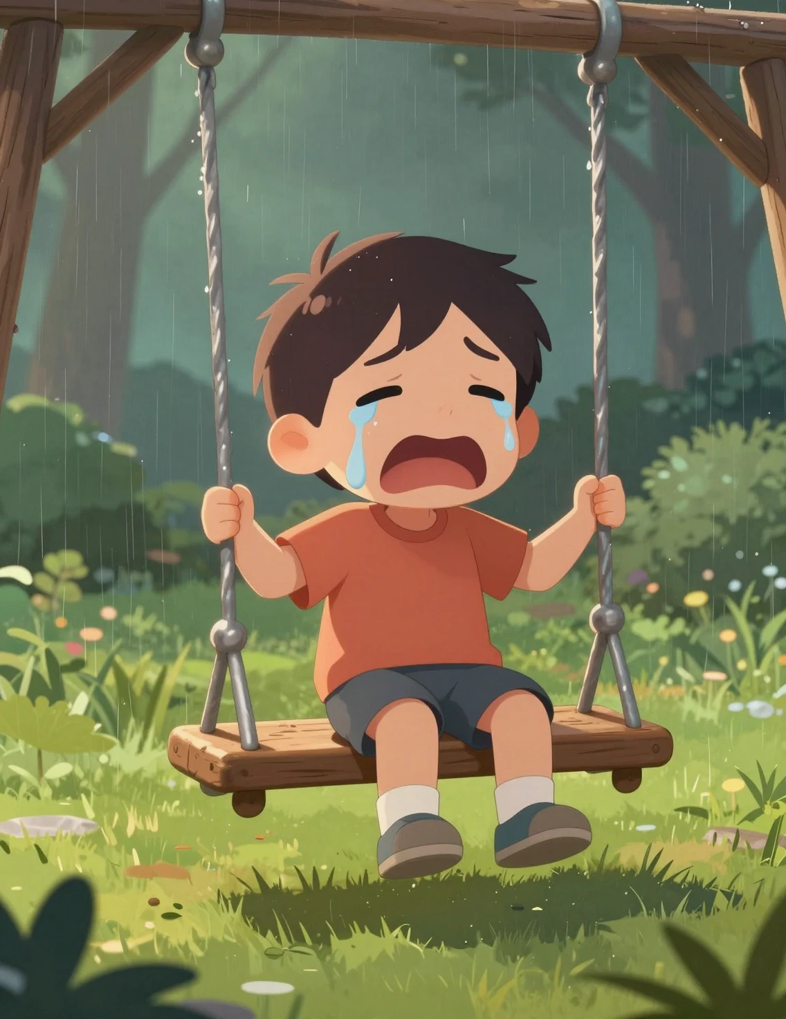 Crying Young Boy On Wooden Swing In Sunny Green Park