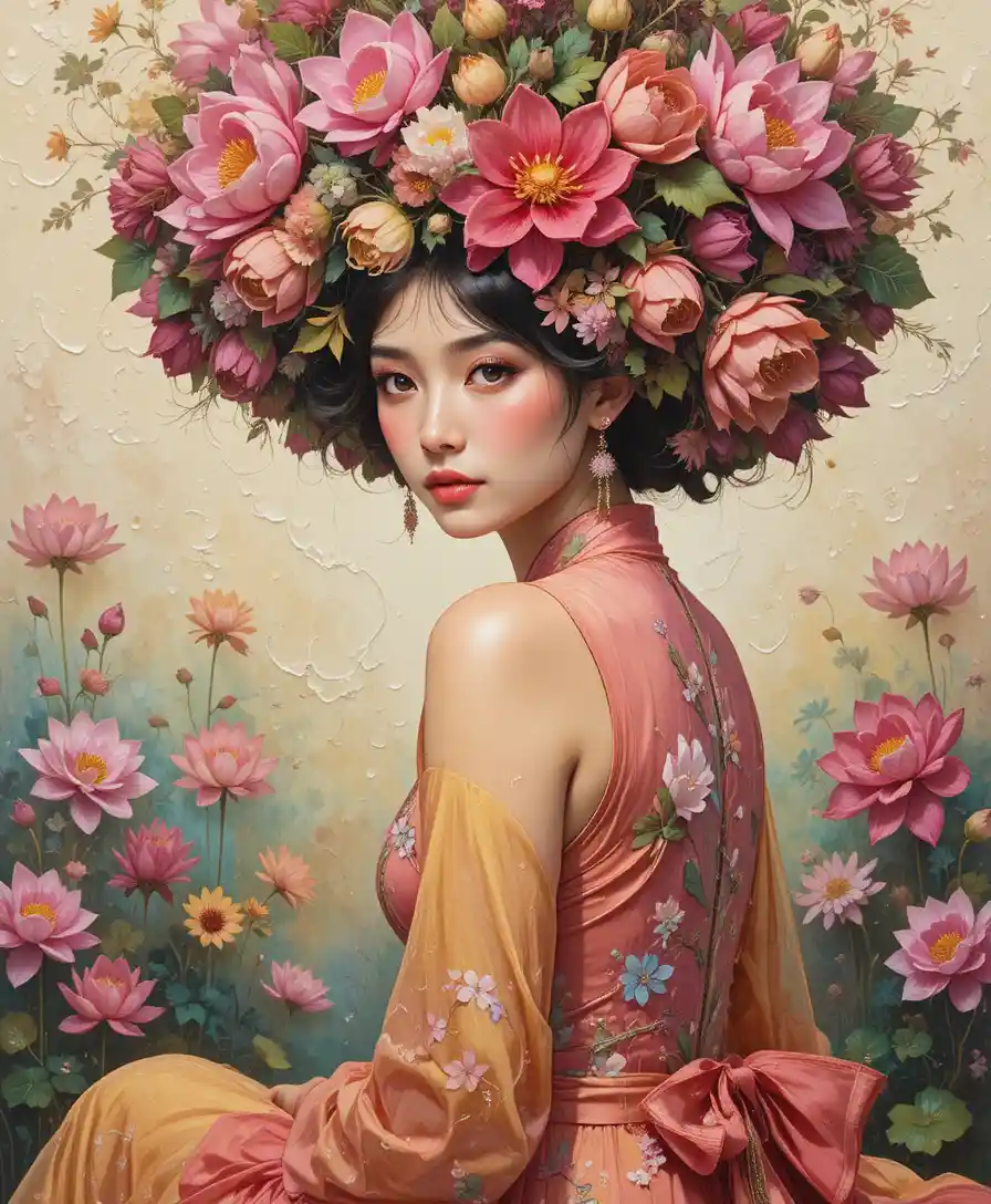ハスの花のアフロヘアを持つ中国人女性の肖像画