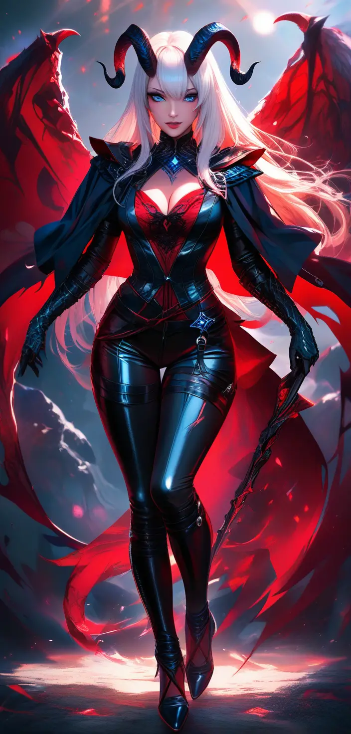 Sedutora tiefling com chifres e asas de demônio