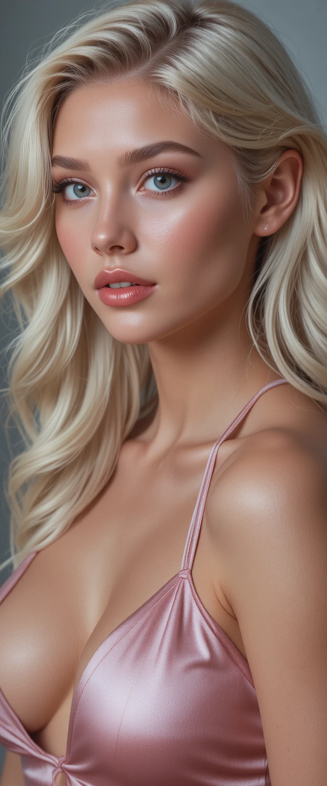 Blonde woman portrait in pink satin halter top