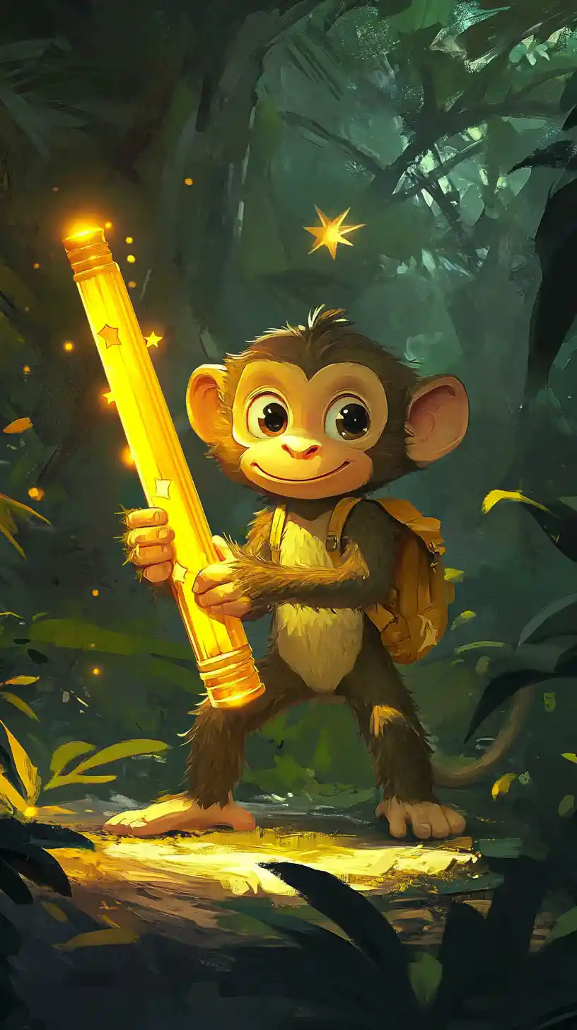 Cartoon-Affe hält leuchtenden goldenen Bleistift im Wald