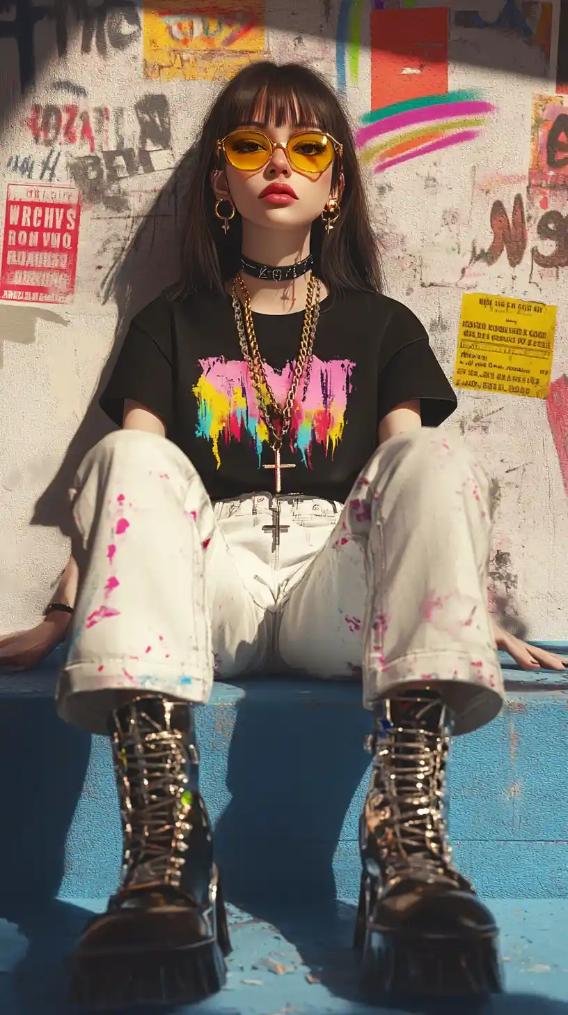 Femme stylée en tenue éclaboussée de peinture devant un mur de graffitis