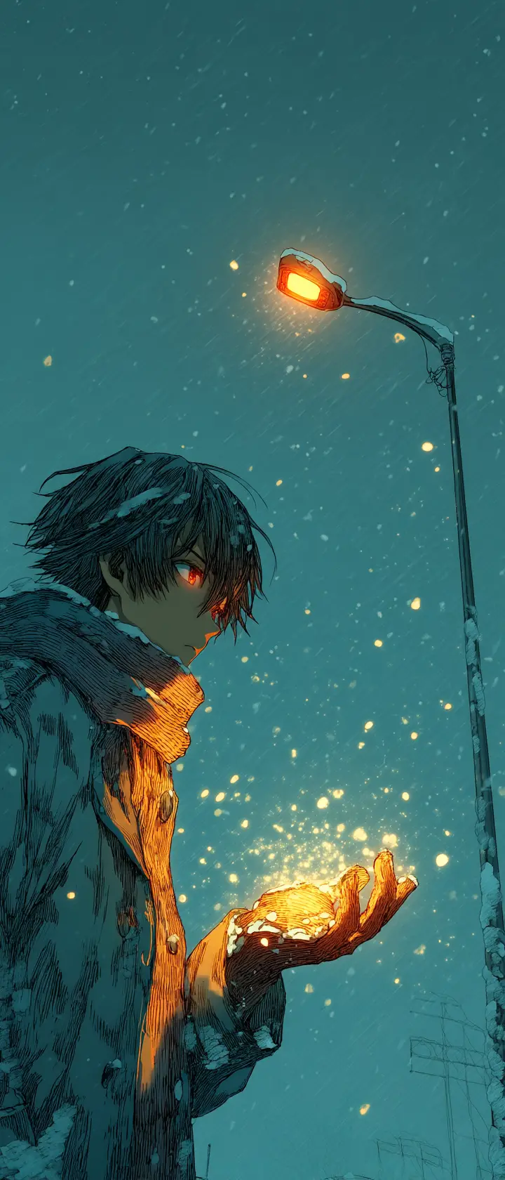 獨自等待在發光有毒綠雪中的動漫男孩