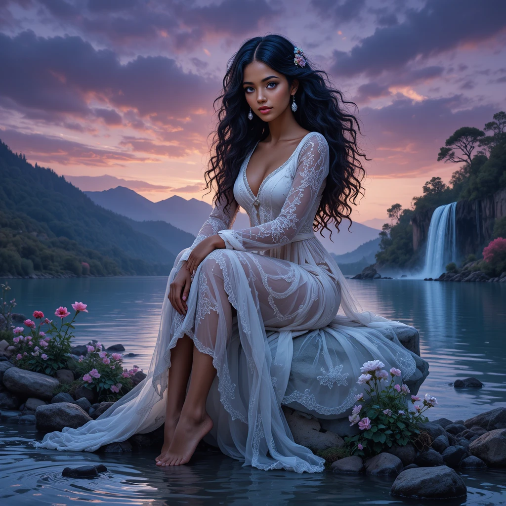Girl in lace dress by a twilight lake waterfall