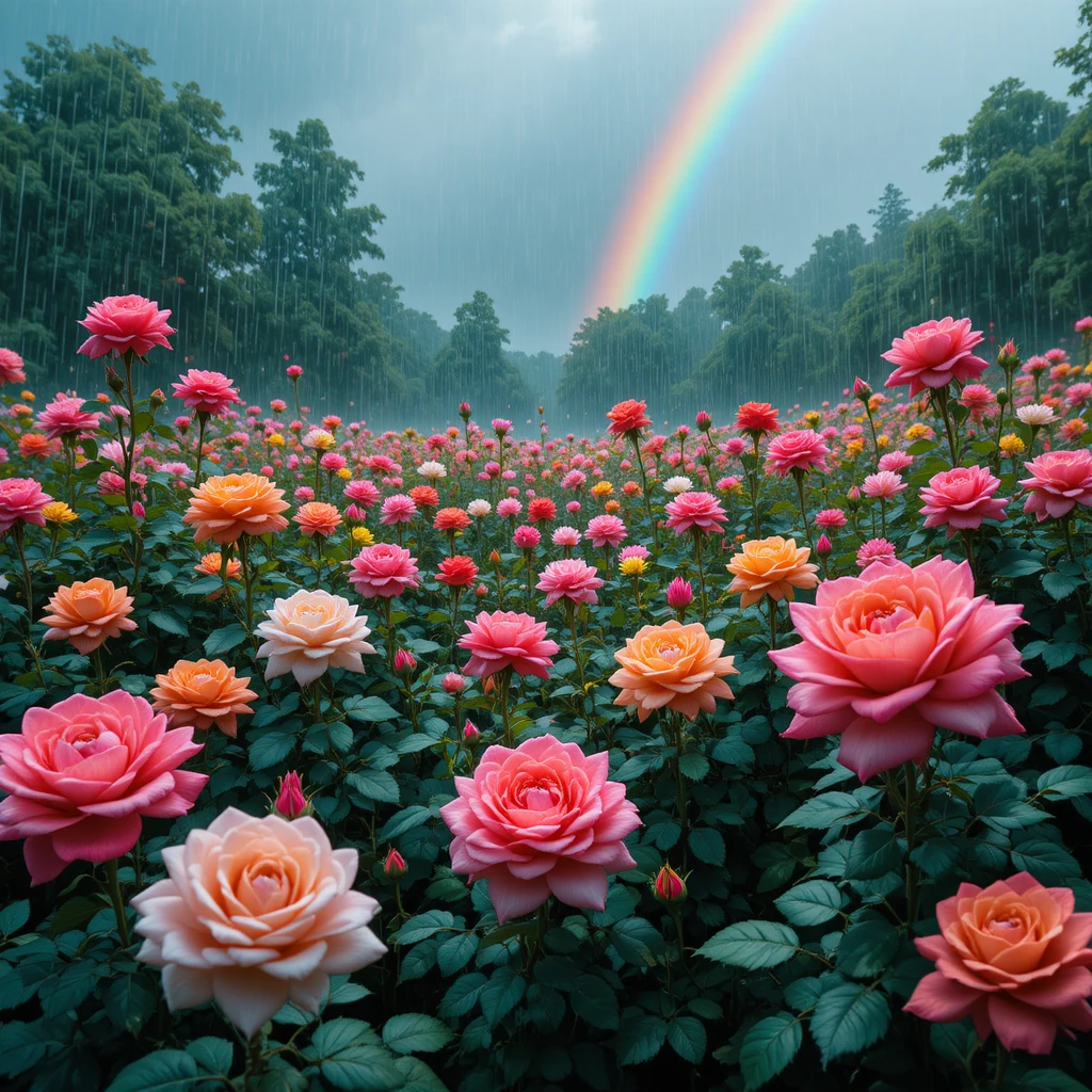 Jardim de Rosas Coloridas na Chuva com Arco-Íris ao Fundo