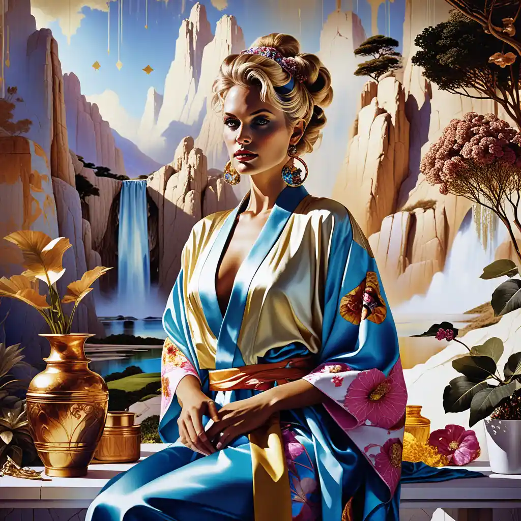 Blonde Frau im Kimono-Robe in eklektischem, neonbeleuchtetem Kunststudio