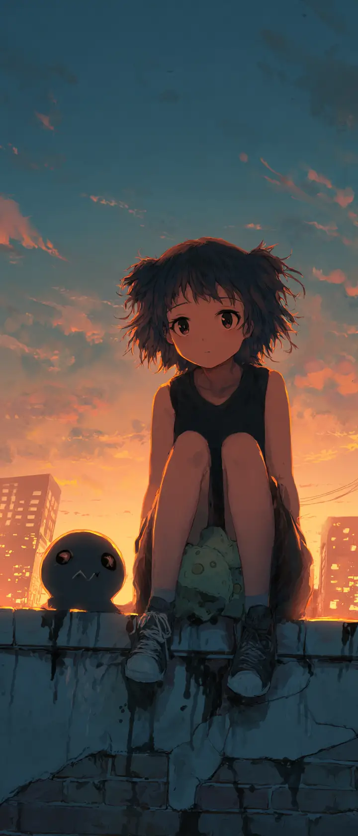 Ragazza anime sul tetto al crepuscolo con giocattolo alieno