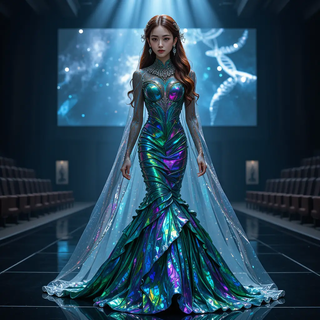 Rainha da beleza coreana em vestido de alta-costura iridescente inspirado em insetos