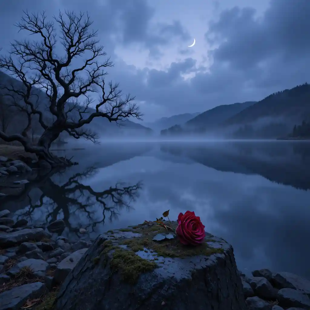 Verwelkte Rose an einem stillen See in der Dämmerung