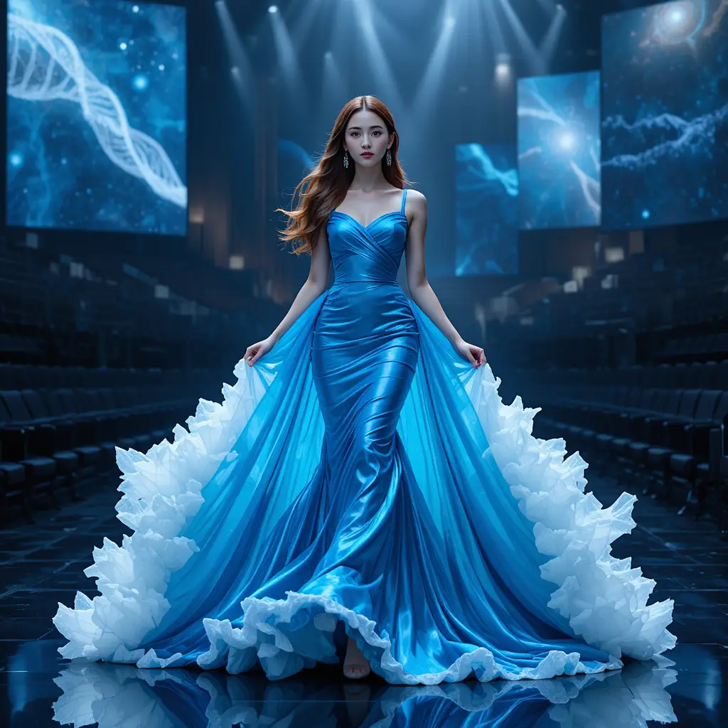 Rainha da beleza coreana em vestido fluido de cetim azul metal líquido