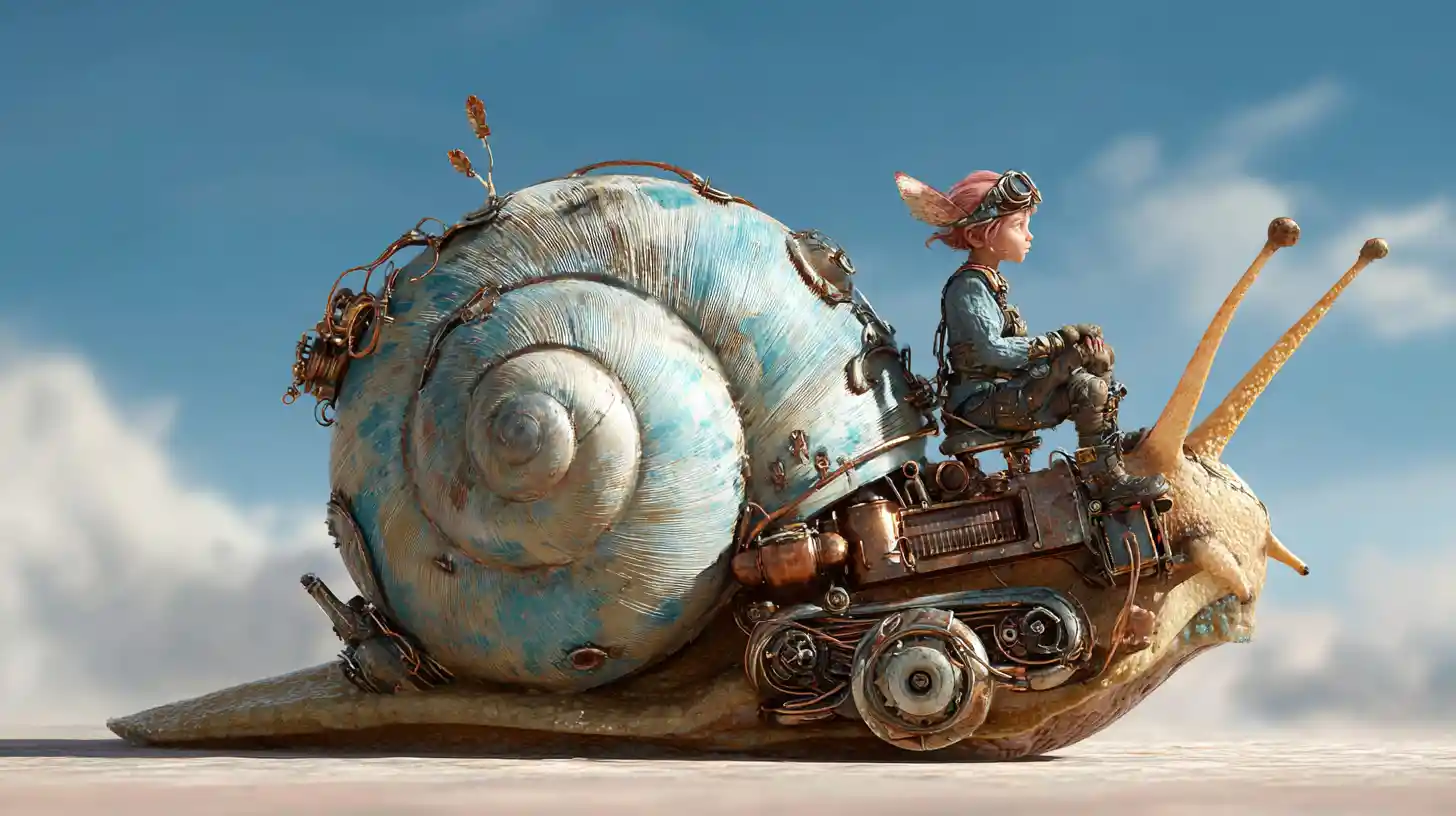 Donzela gnoma montando um caracol iridescente com motores