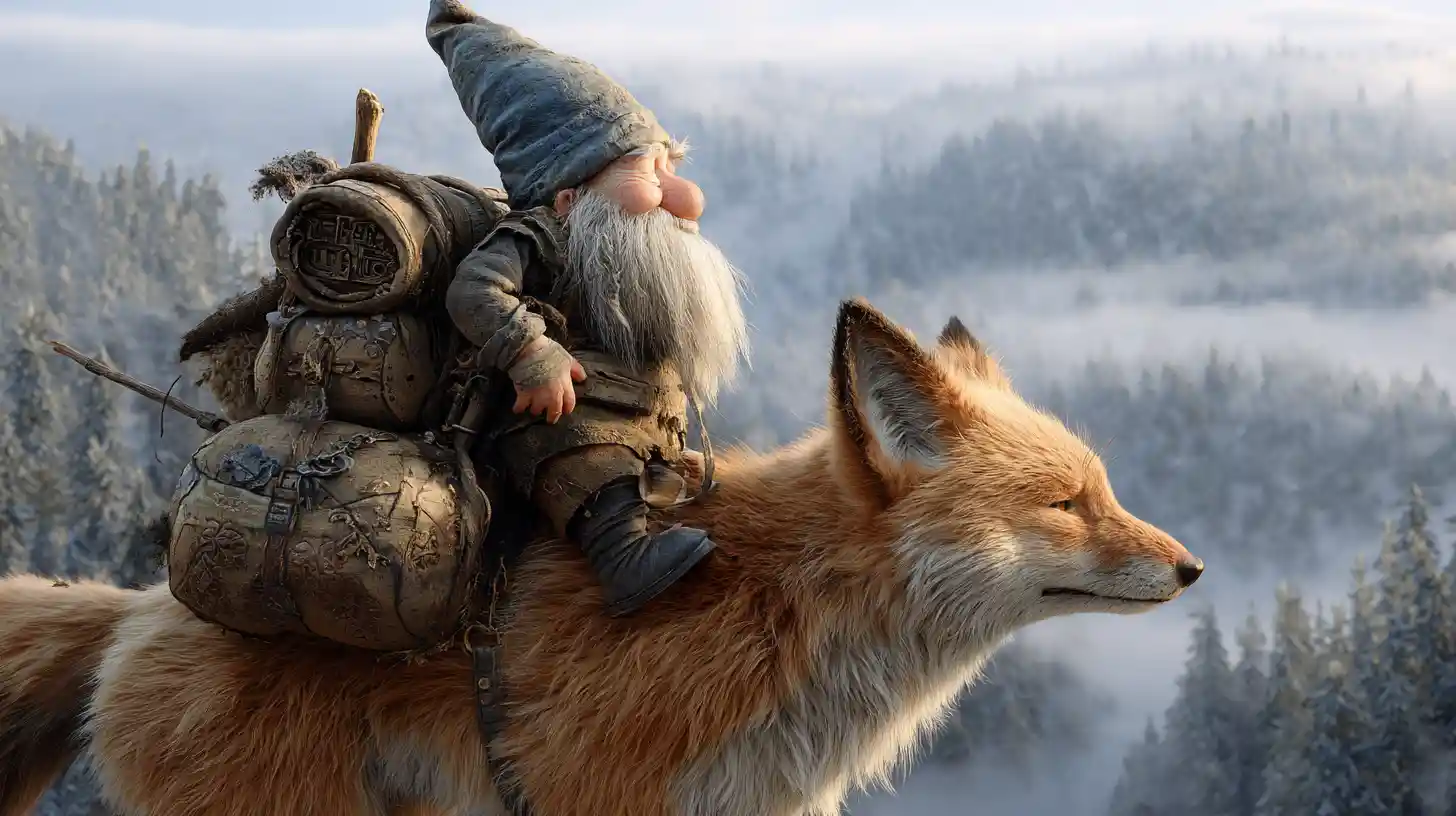 Gnome féerique chevauchant un renard duveteux dans une forêt brumeuse