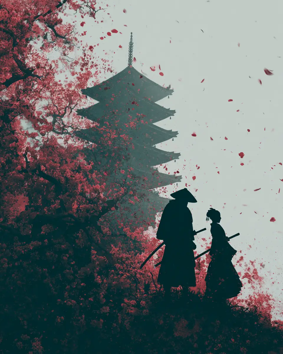 藝伎與武士搭配櫻花的剪影