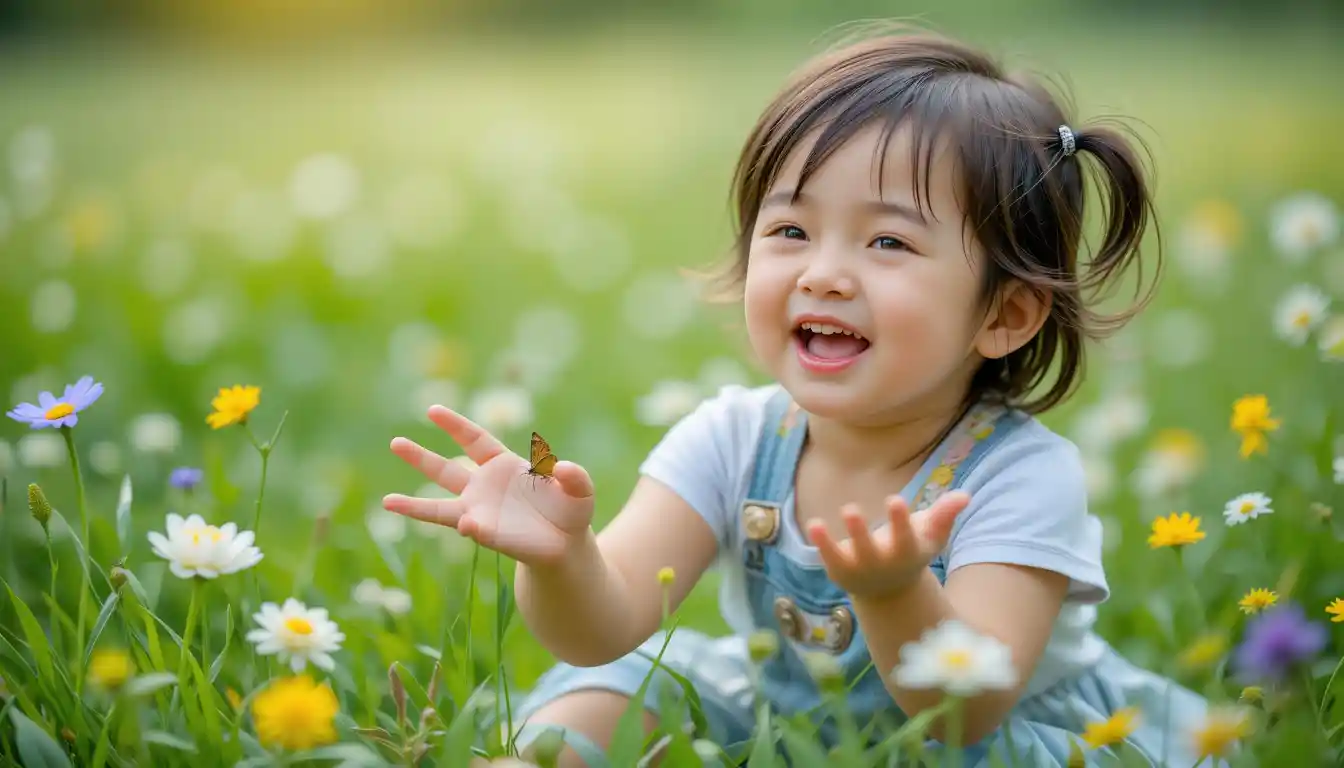 Joyful child sitting in a grassy field with open hands