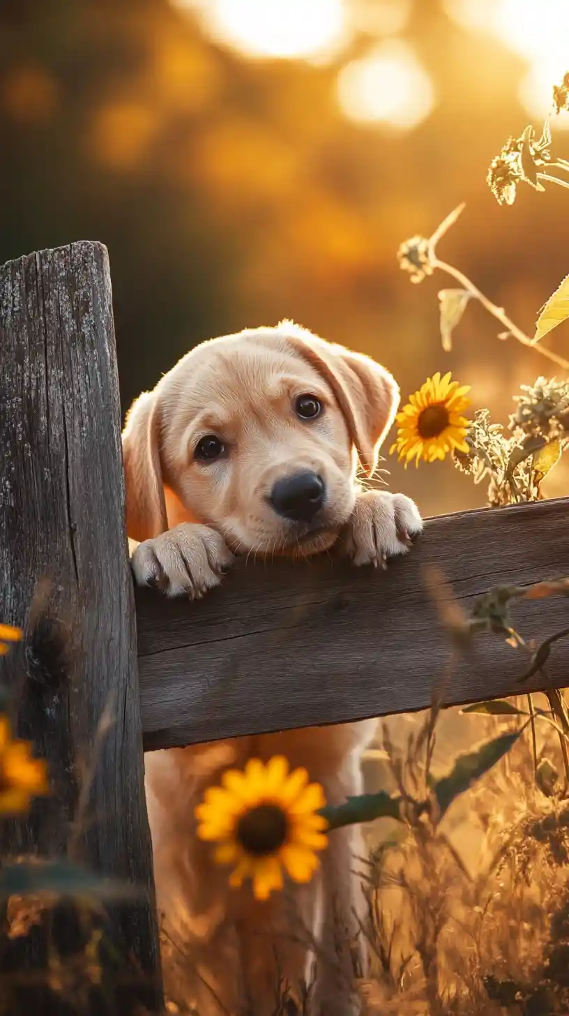 Golden labrador puppy at wooden fence during sunset