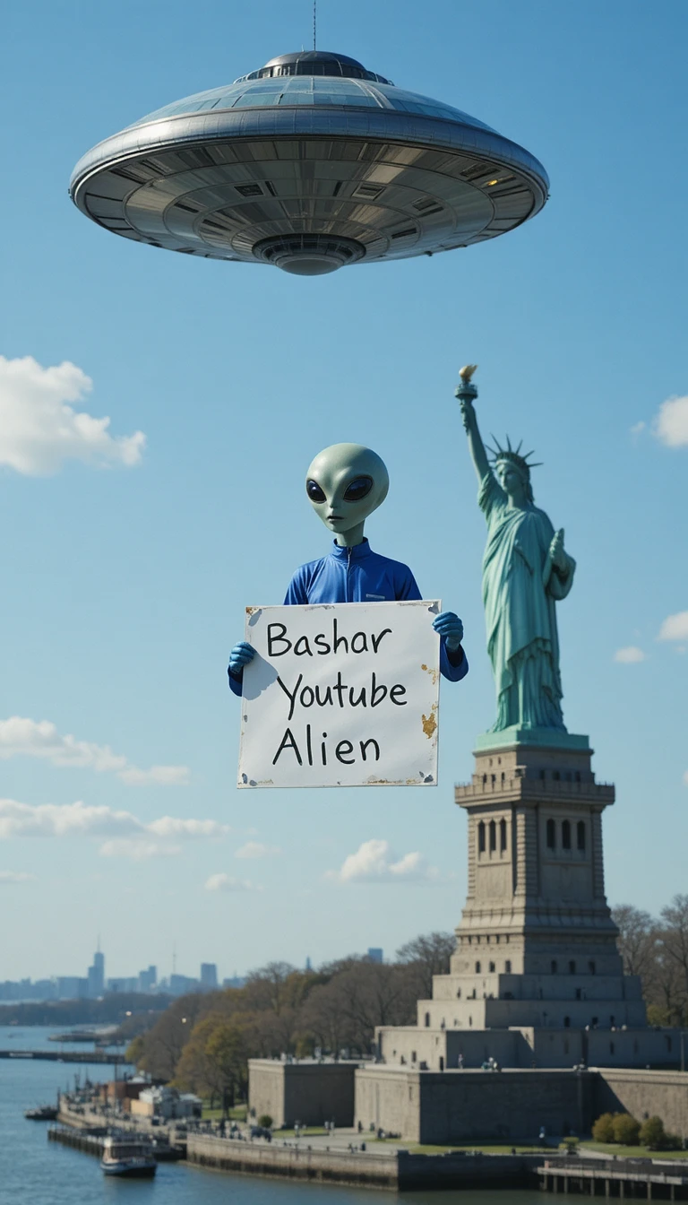 UFO With Aliens Flying Above New York Harbor Skyline