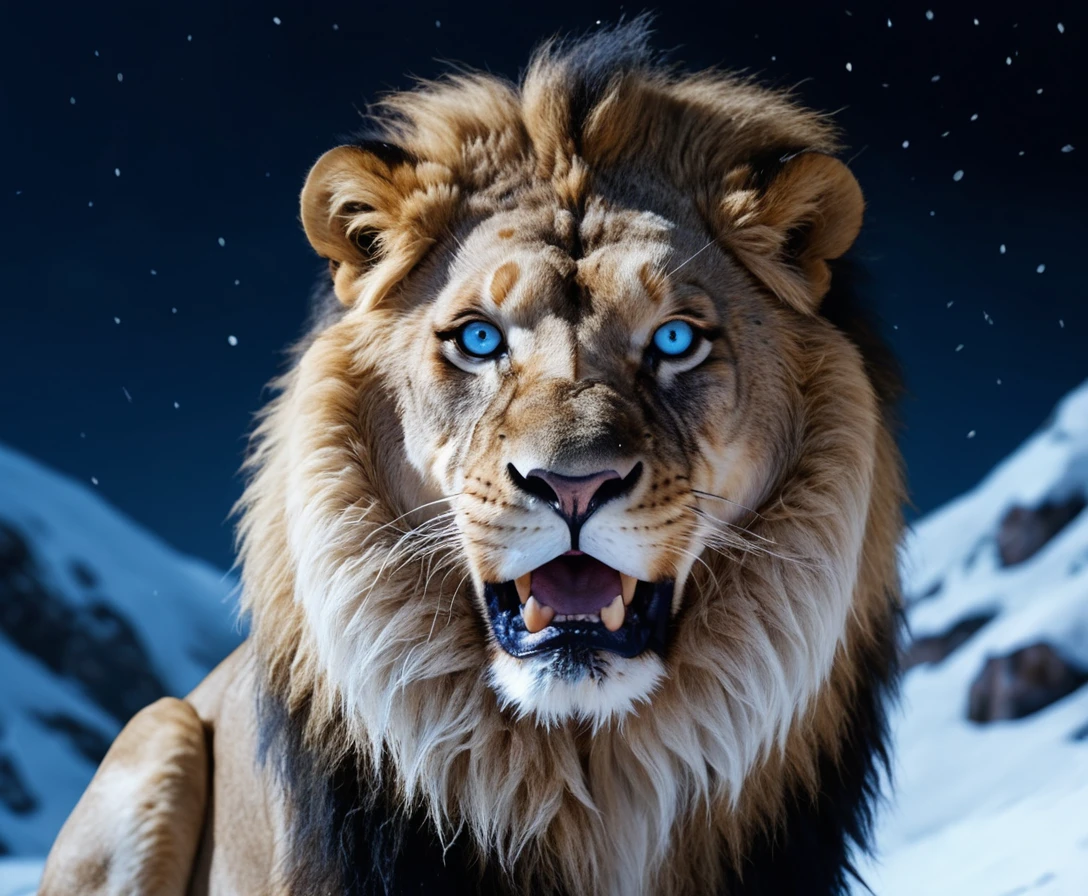 Blue lion roaring on a snowy mountain at night