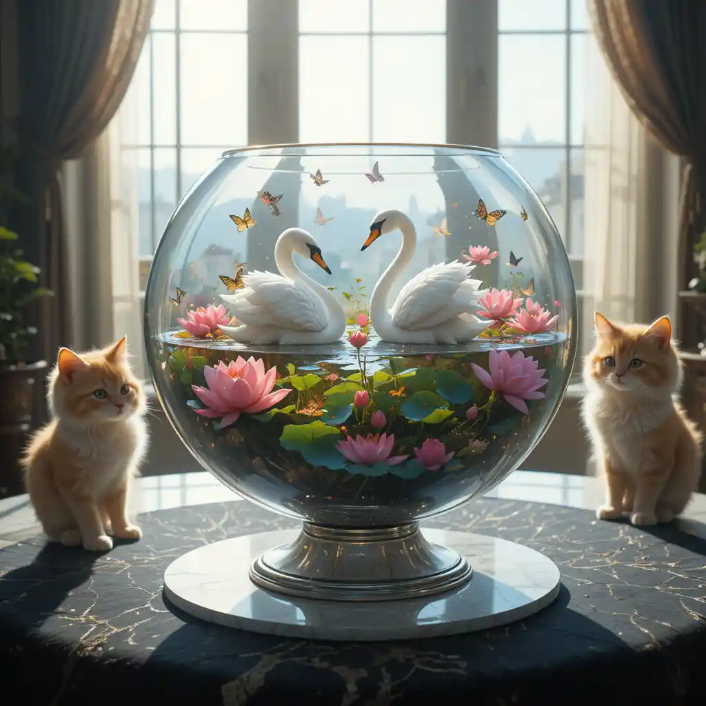 Chat curieux observant des cygnes-lotus dans un bol en cristal