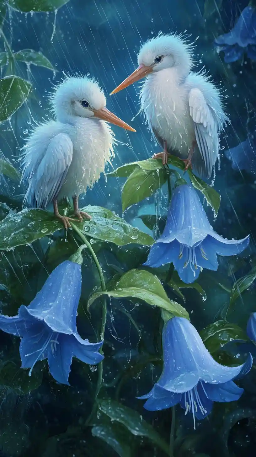 Dois filhotes de cegonha descansando entre flores de bluebell e folhas