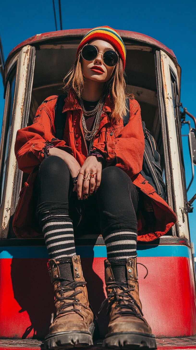Femme stylée dans un tramway vintage sous un ciel bleu dégagé
