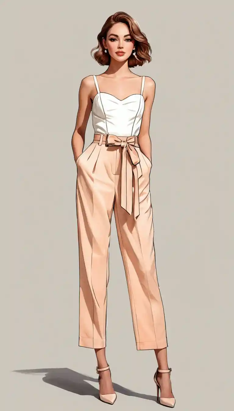 Elegant woman in peach jumpsuit fashion illustration