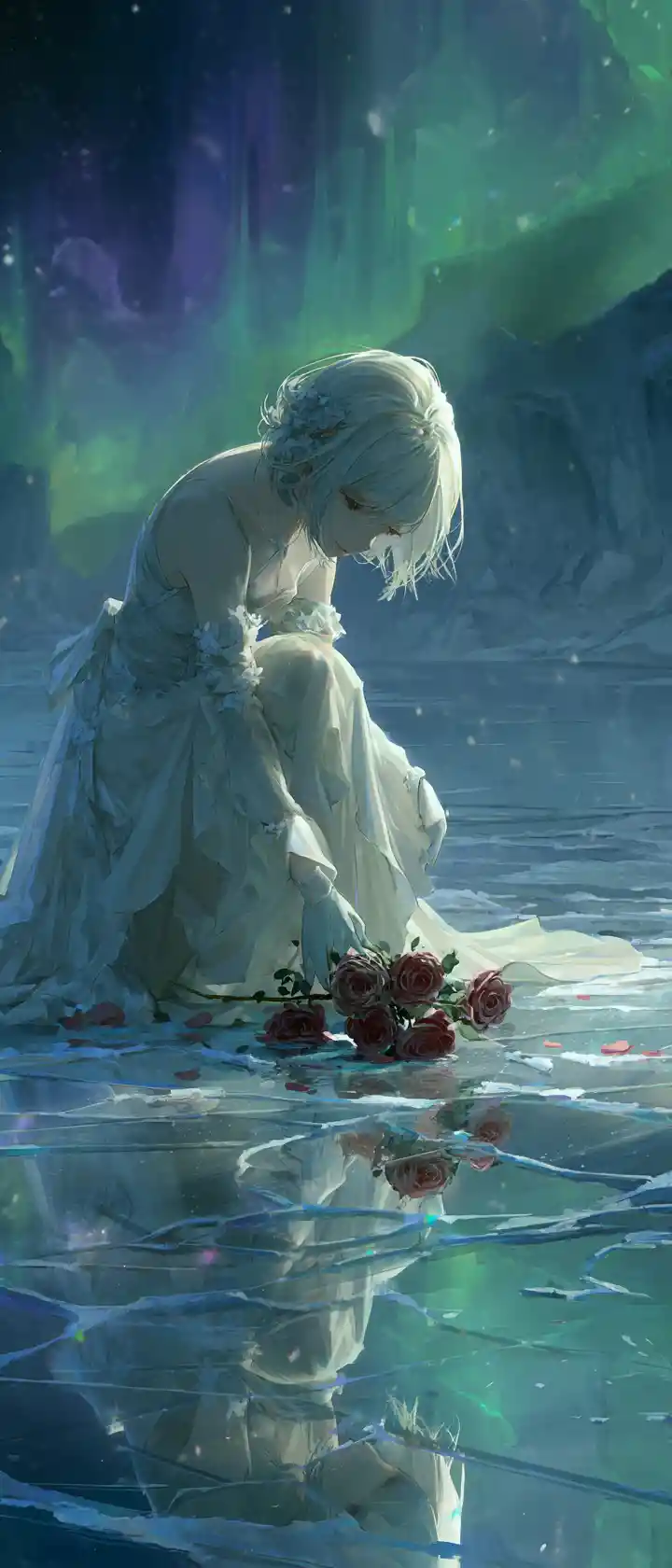 Vampire anime woman mourning beside a frozen polar lake