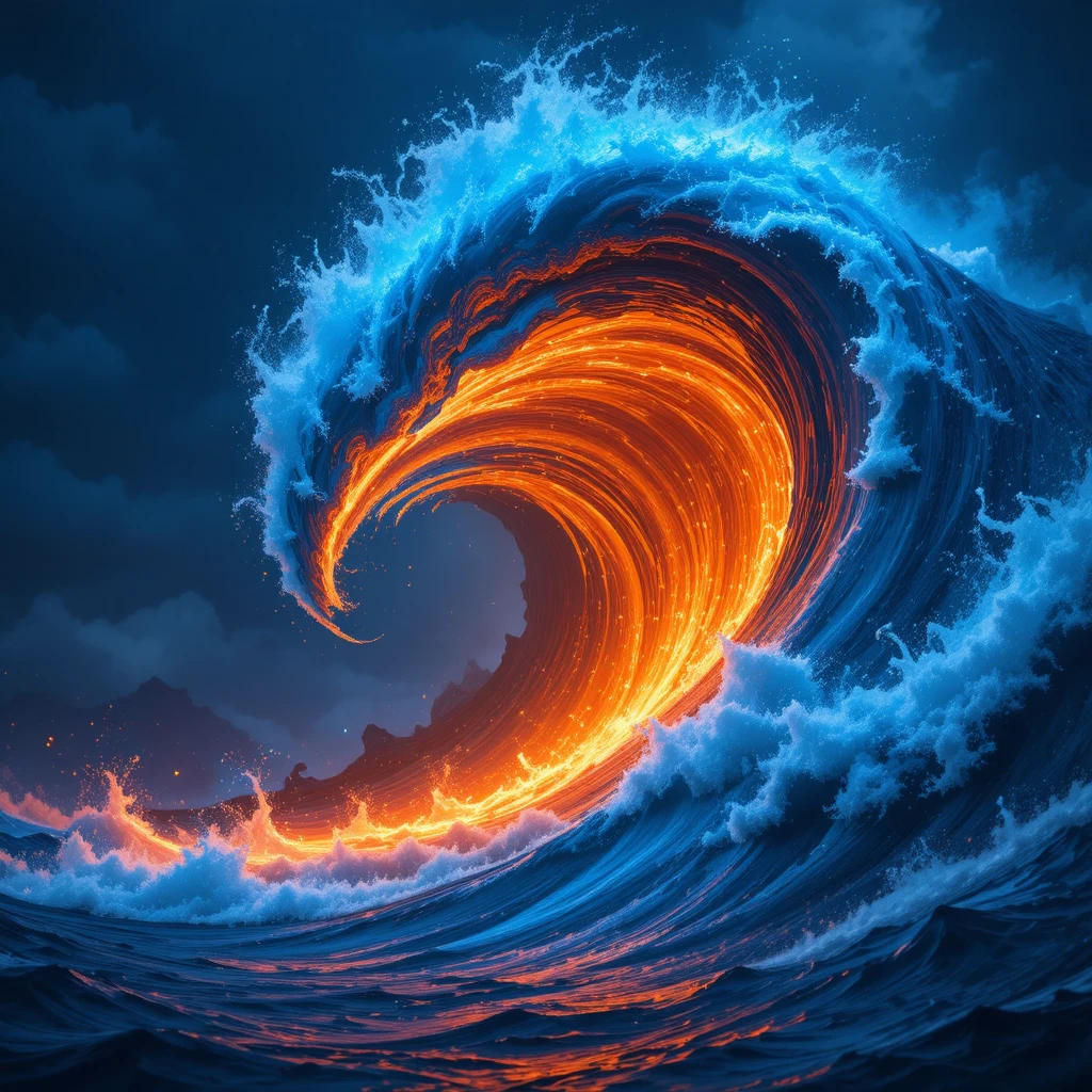 Onda de oceano em chamas quebrando sob um céu escuro e tempestuoso