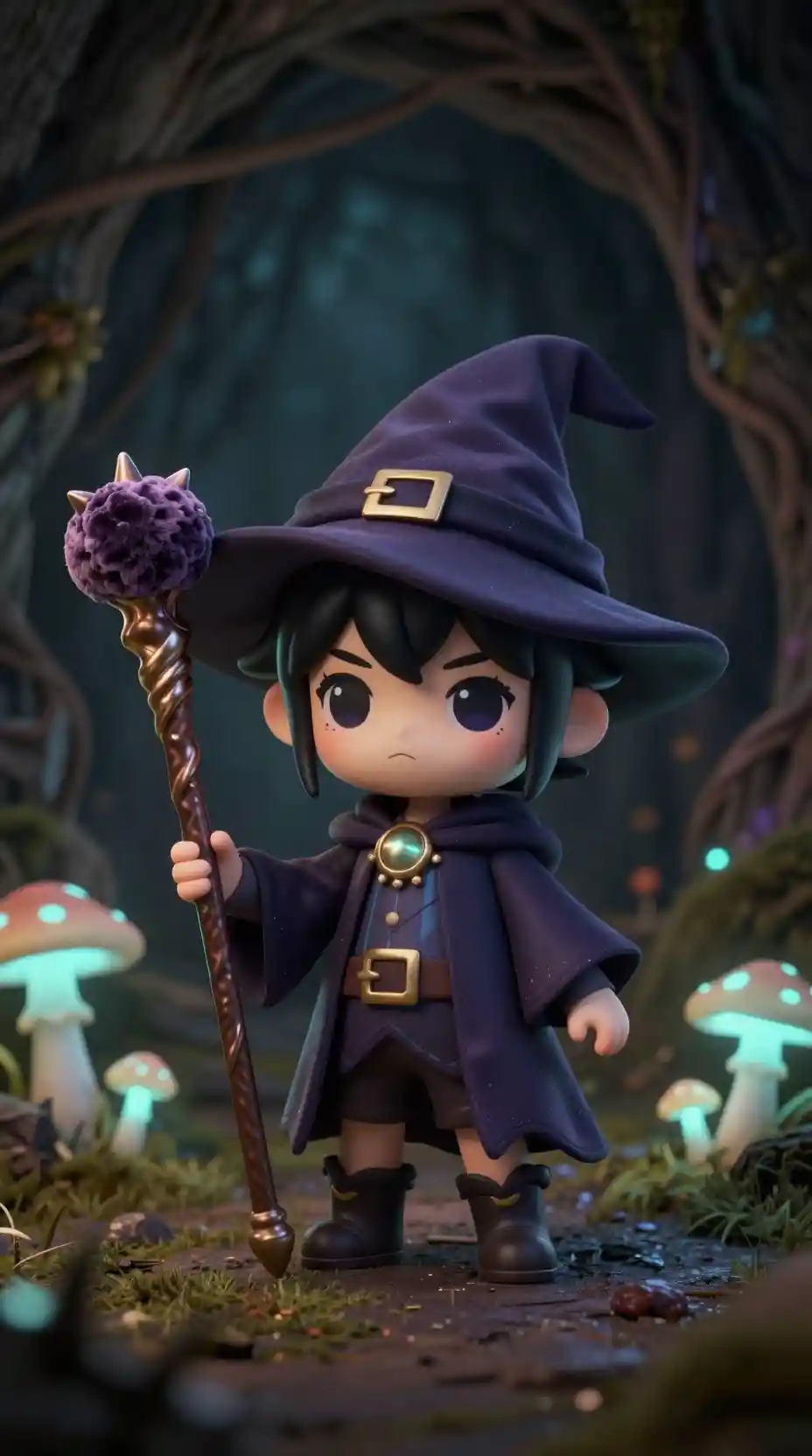 神秘的な洞窟の中のちびっ子魔法使いと光るキノコ