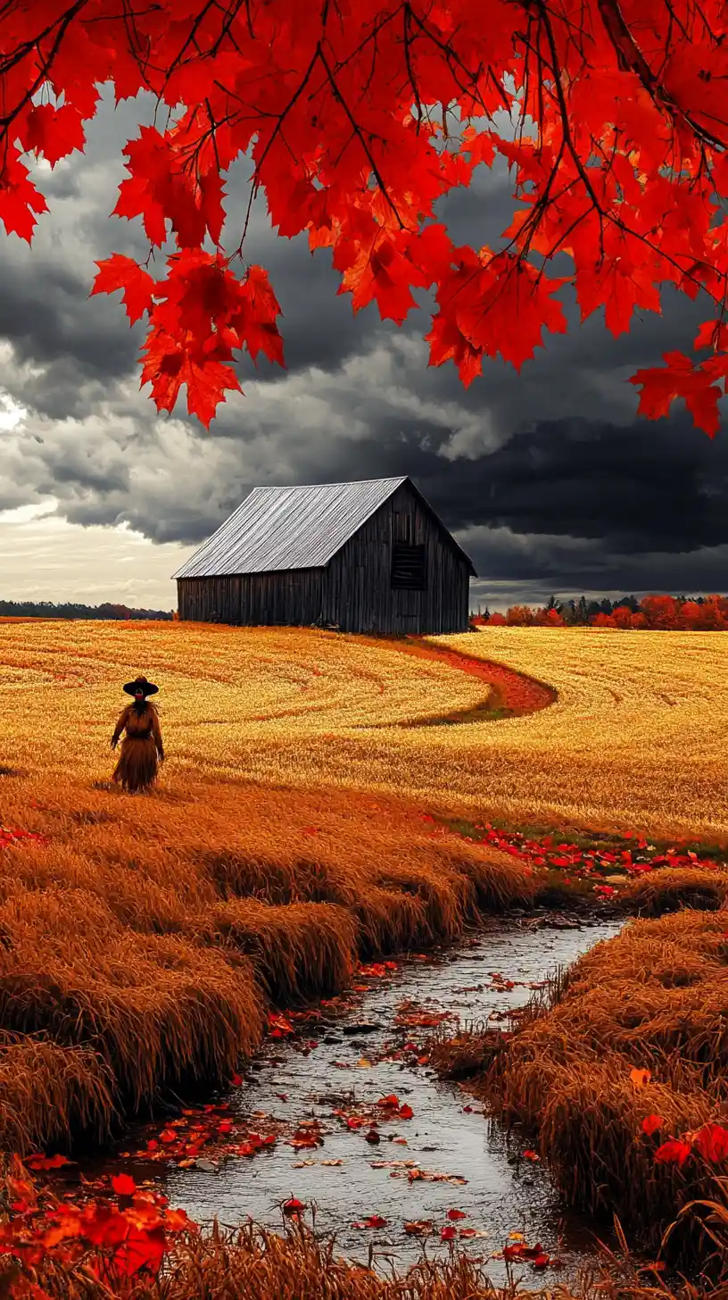 Rustic Barn In Dramatic Autumn Countryside Landscape