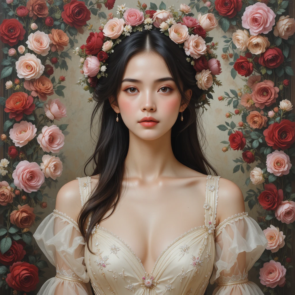 Romantic oil portrait of a young woman amid roses