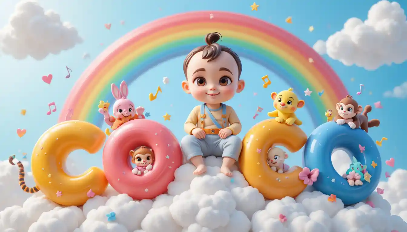 Cute 3D kids logo with Coco character on rainbow cloud
