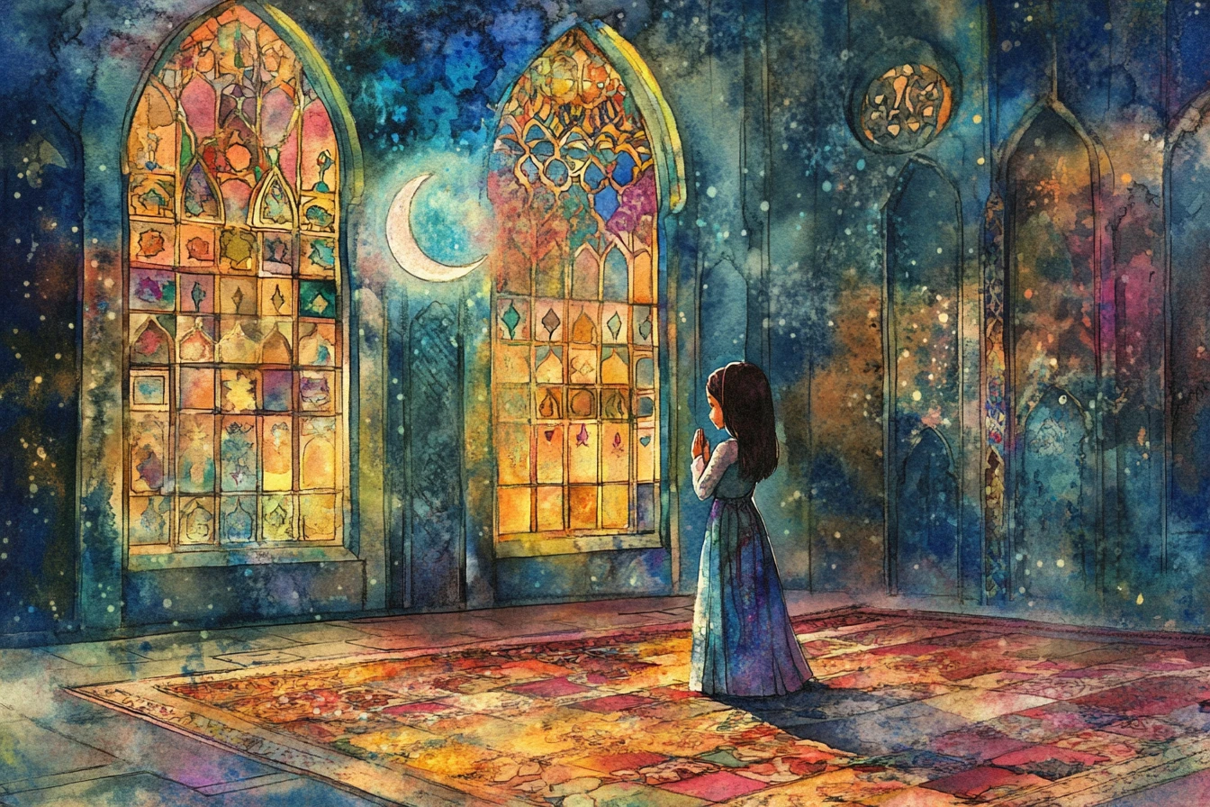 Menina muçulmana rezando sobre um tapete colorido dentro da mesquita