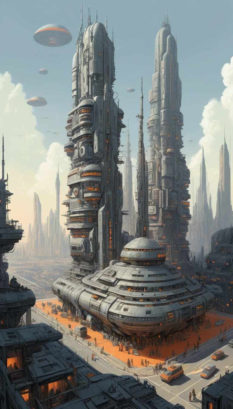 Ciudad distópica retrofuturista con imponentes estructuras metálicas