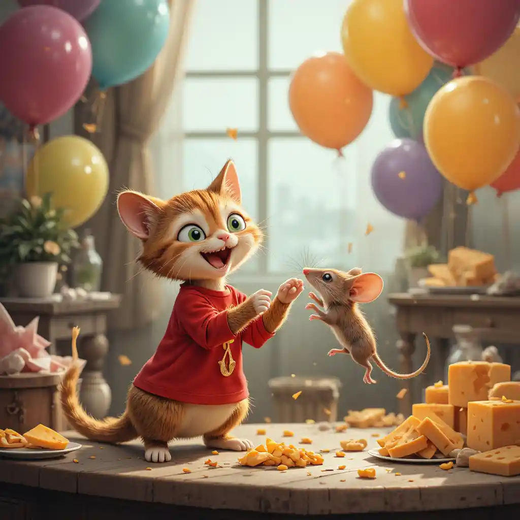 Chat à chemise rouge souriant en tenant délicatement une souris