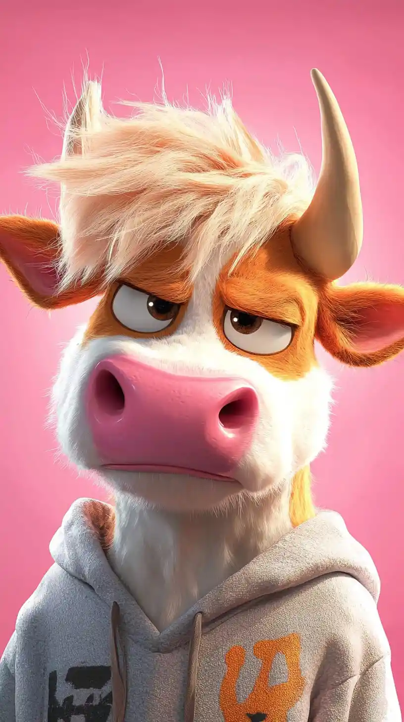 Sassy cartoon cow in hoodie with playful side eye