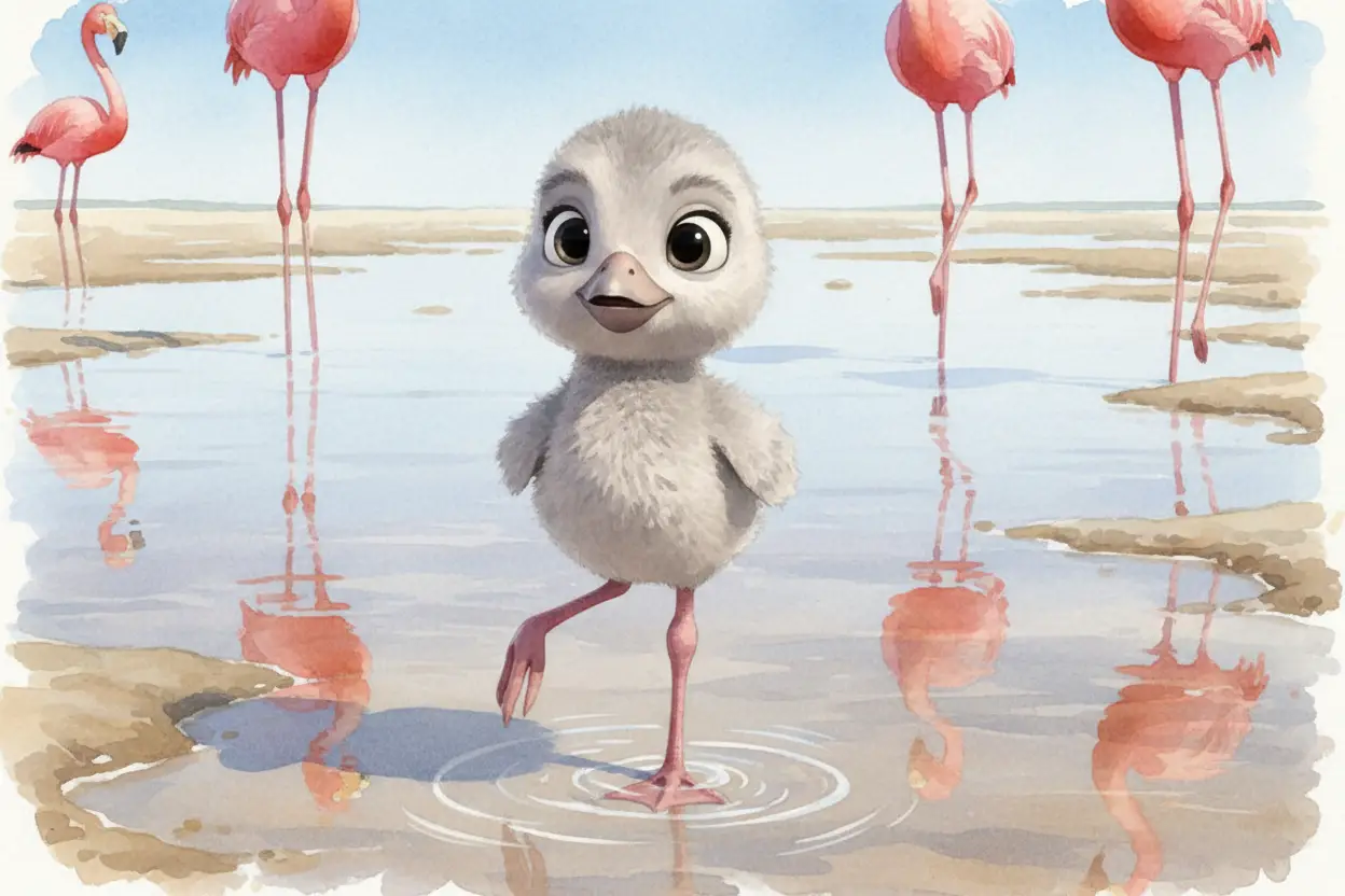 Baby-Flamingoküken steht in einer ruhigen Küstenlagune
