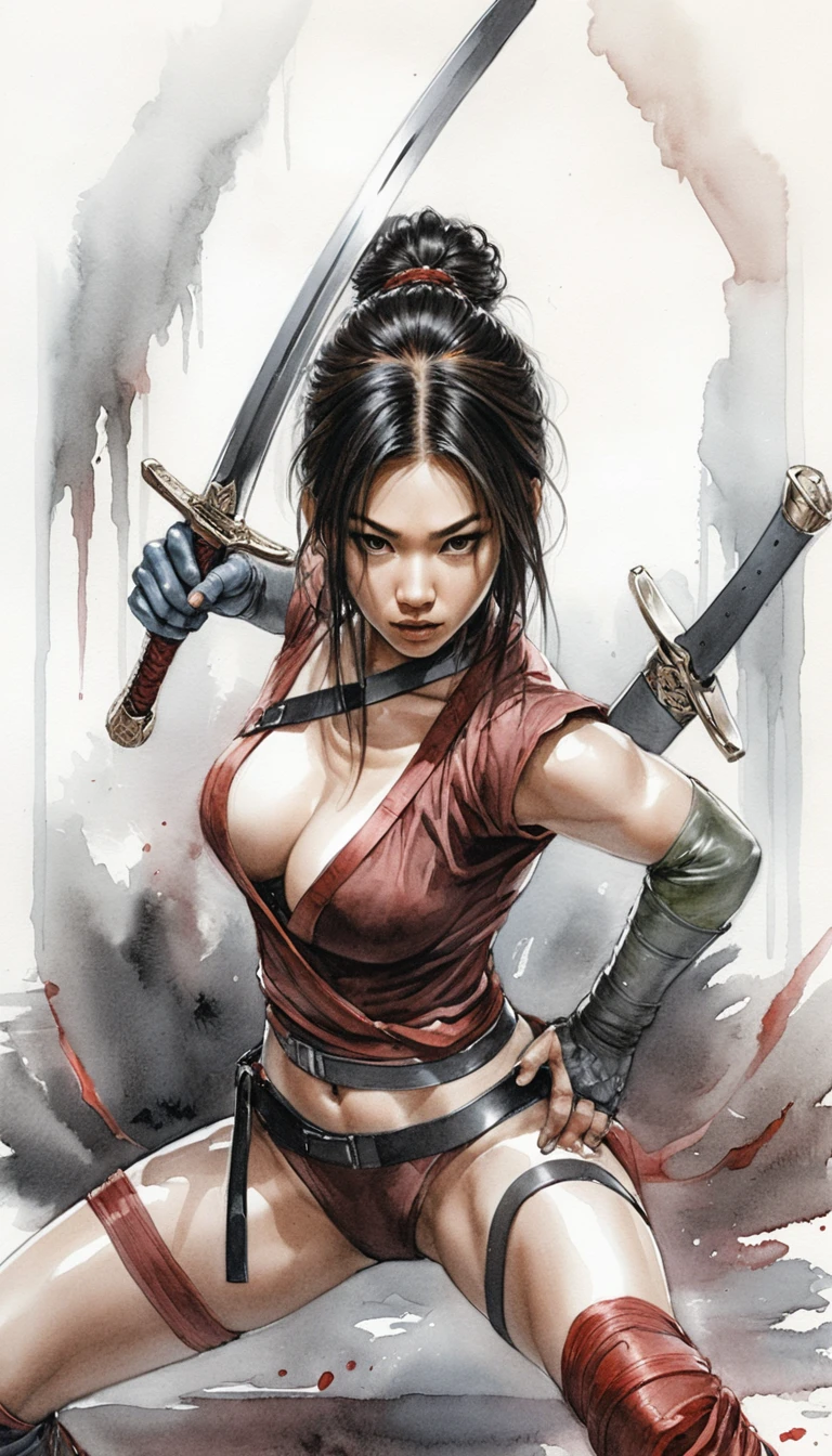 Guerrière asiatique avec katana en portrait cinématographique tendu