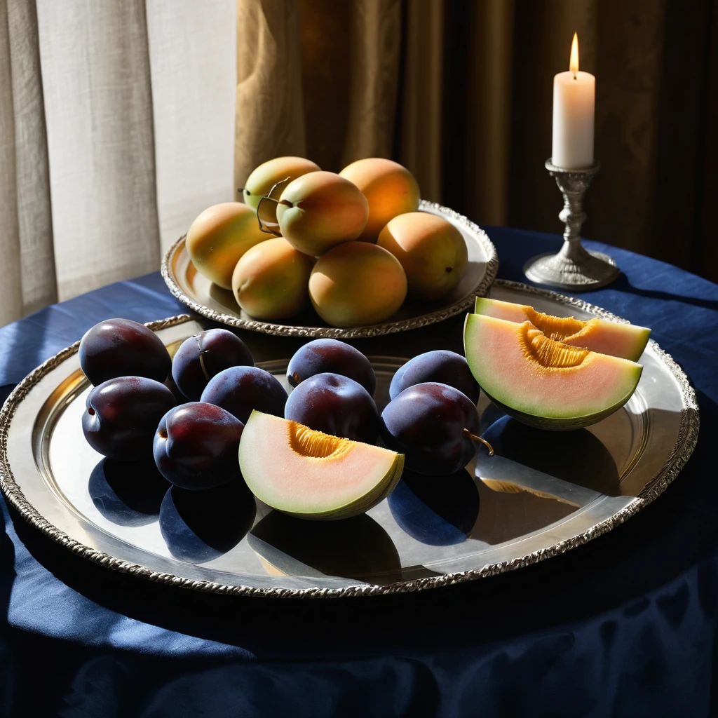 Melon slice and plums on silver tray with golden drapery