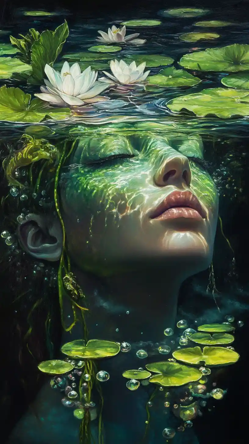Ritratto surreale di una rusalka in attesa in acque nebbiose