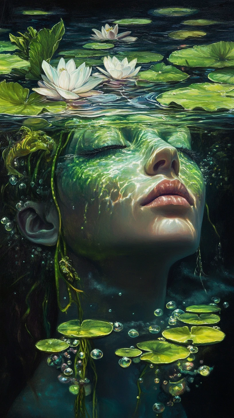 Ritratto surreale di una rusalka in attesa in acque nebbiose