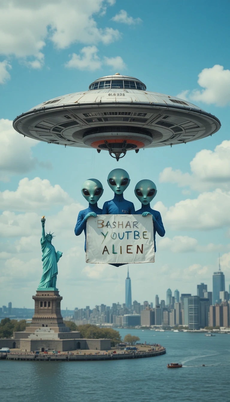 UFO with aliens flying above New York harbor skyline