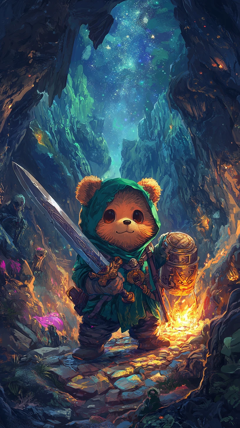 Guerrier ours chibi dans une grotte mystique sous un ciel étoilé